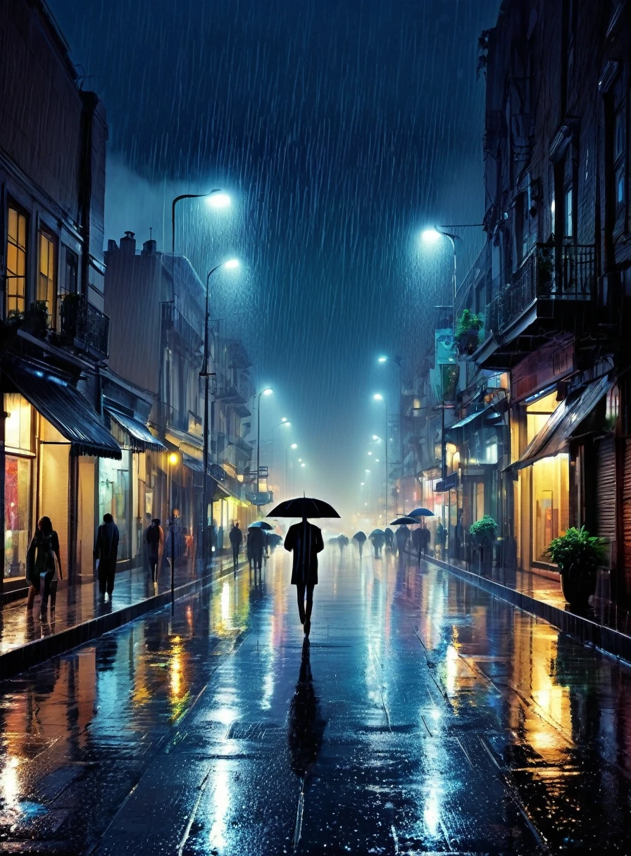 Beautiful night view of the city in the rain