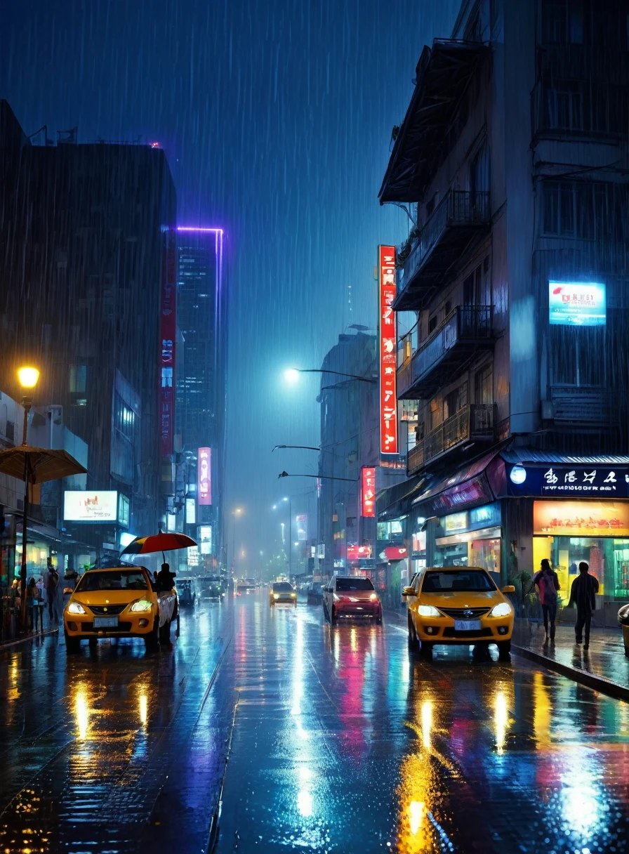 Beautiful night view of the city in the rain