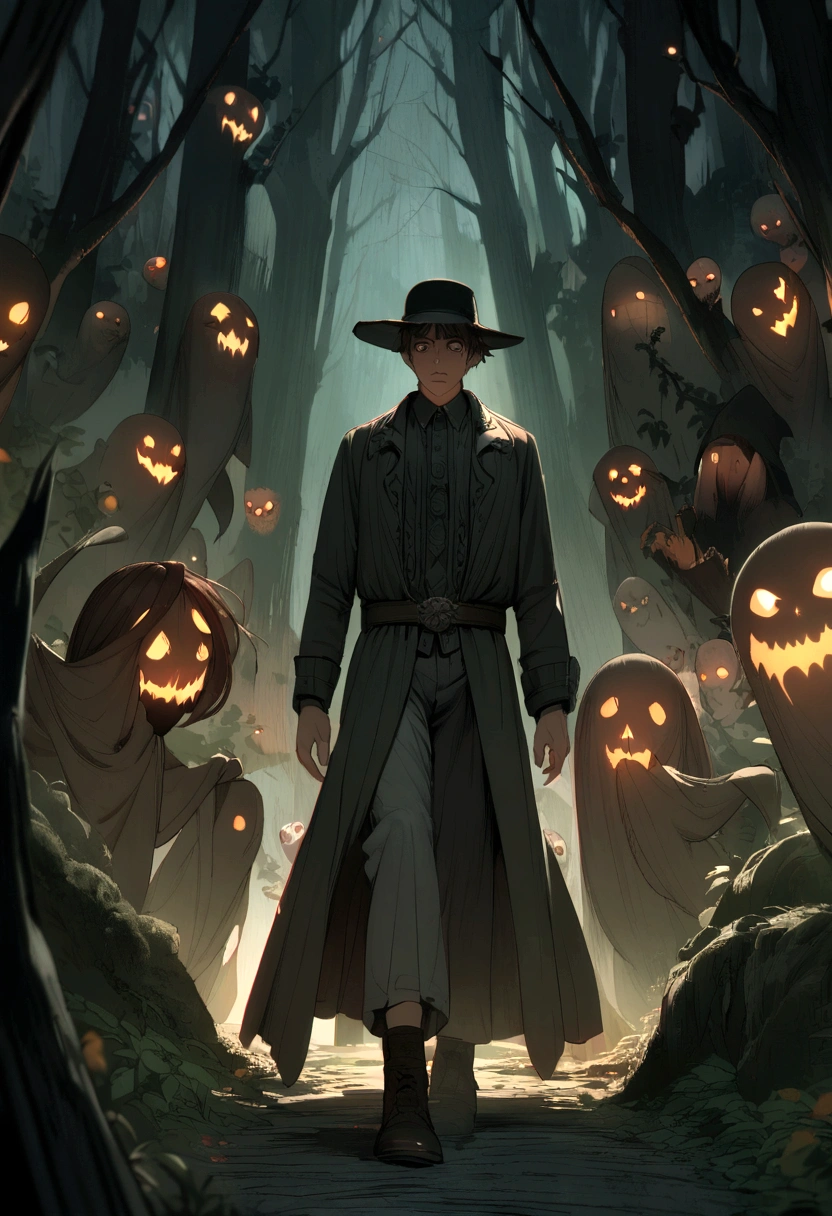 Boy with medium long brown hair and black hat looking scared while scary evil ghosts scream at him in a dark forest