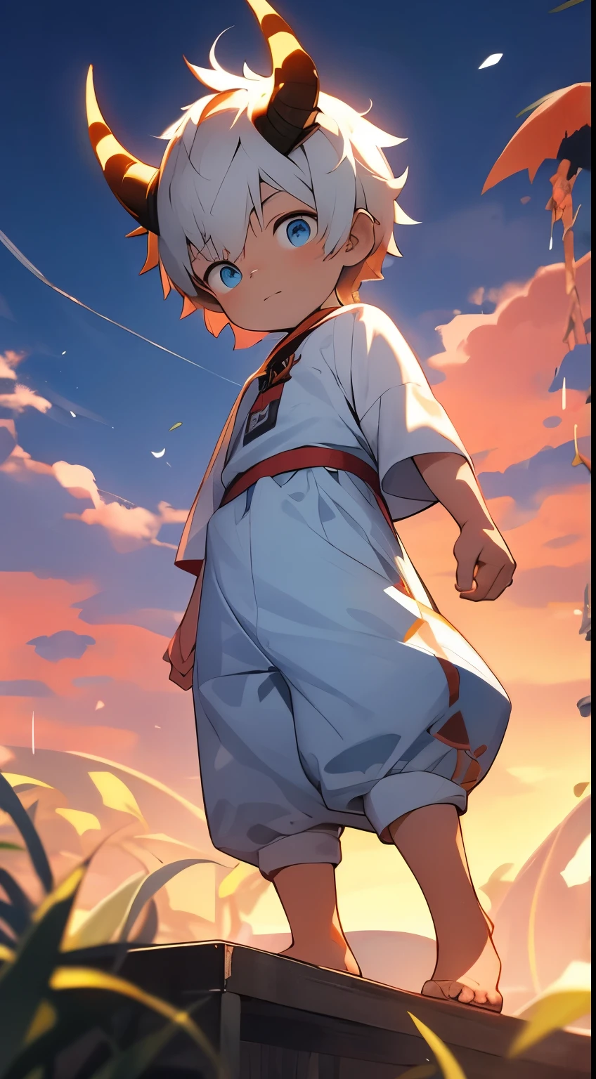 （shota，white color hair，ddlers，blue eyes，Libido boy，male）Dragon horns on people，adolable， standing on your feet， Master masterpieces， A high resolution，8K，detailedbackground，high high quality，solo，shorter pants，grassy fields，white blossoms，falling leaf，​​clouds，setting sun，Shy，wide wide shot