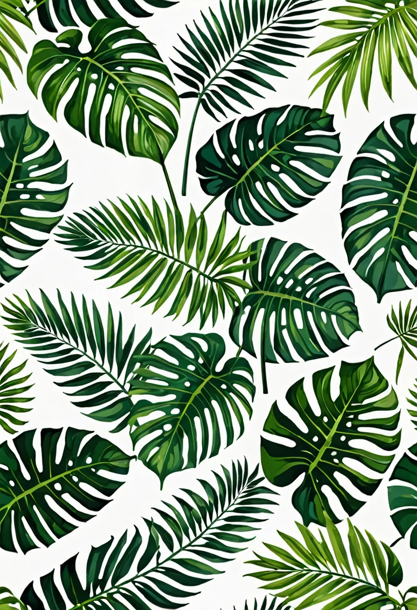 Tropical prints, green palm leaves on a white background. The design features stylized palm leaves in vibrant green tones, artistically arranged on a white background. The leaves have fine and delicate details, capturing the exuberance and freshness of tropical nature. The arrangement of the leaves creates a repetitive and balanced pattern, evoking a feeling of serenity and vitality. The white background enhances the contrast and liveliness of the green colors, making the design eye-catching and refreshing. This print is ideal for textiles and decorations that seek to evoke a tropical and relaxed atmosphere., ., Abstract expressionism, UHD, masterpiece, accurate, super detail, 16k
