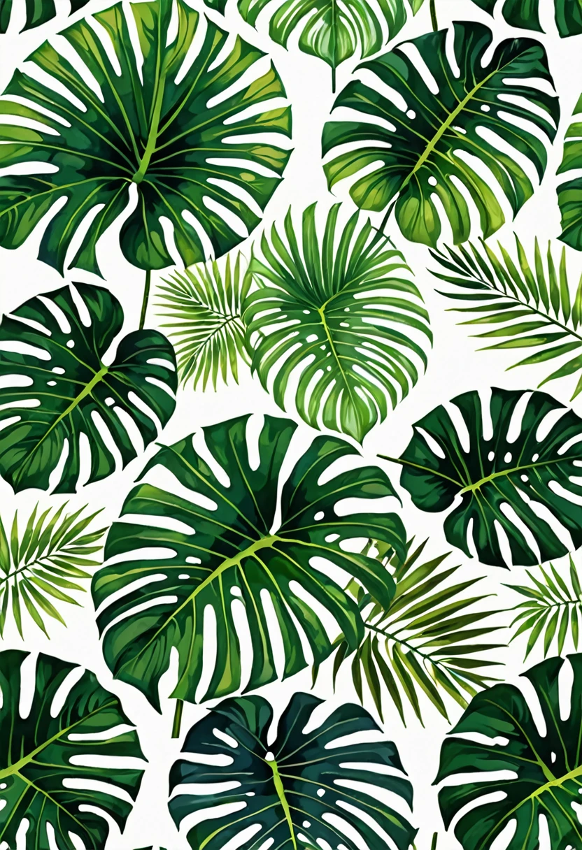 Tropical prints, green palm leaves on a white background. The design features stylized palm leaves in vibrant green tones, artistically arranged on a white background. The leaves have fine and delicate details, capturing the exuberance and freshness of tropical nature. The arrangement of the leaves creates a repetitive and balanced pattern, evoking a feeling of serenity and vitality. The white background enhances the contrast and liveliness of the green colors, making the design eye-catching and refreshing. This print is ideal for textiles and decorations that seek to evoke a tropical and relaxed atmosphere., ., Abstract expressionism, UHD, masterpiece, accurate, super detail, 16k
