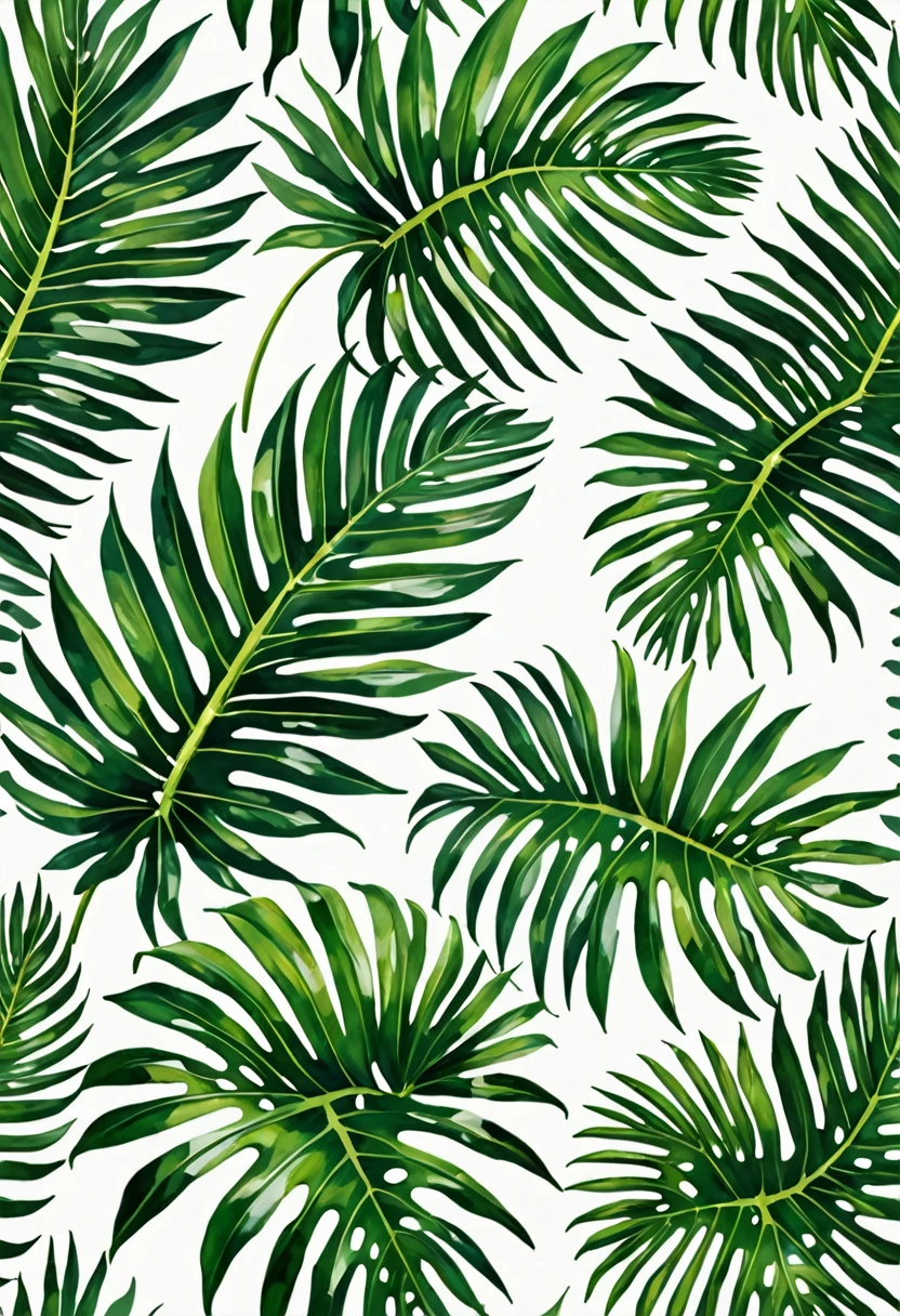 Tropical prints, green palm leaves on a white background. The design features stylized palm leaves in vibrant green tones, artistically arranged on a white background. The leaves have fine and delicate details, capturing the exuberance and freshness of tropical nature. The arrangement of the leaves creates a repetitive and balanced pattern, evoking a feeling of serenity and vitality. The white background enhances the contrast and liveliness of the green colors, making the design eye-catching and refreshing. This print is ideal for textiles and decorations that seek to evoke a tropical and relaxed atmosphere., ., Abstract expressionism, UHD, masterpiece, accurate, super detail, 16k