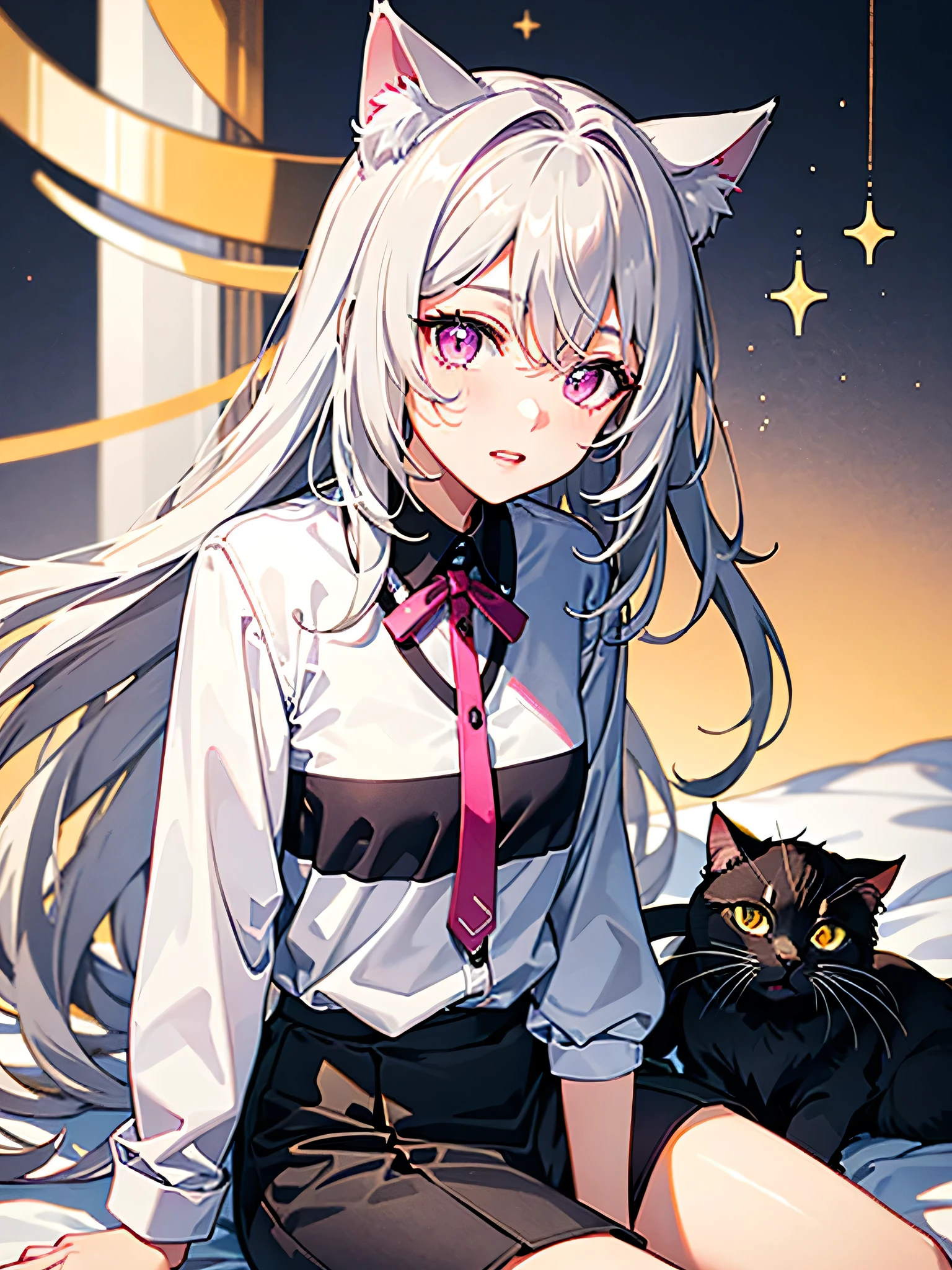 Highly detailed face,fine grain,Sparkling eyes,Highlighted eyes,Medium chest,pretty girl, Longing eyes,Cat ear, Beautiful silver hair,Pink inside,Beautiful pink eyes,Oversized shirt,skirt