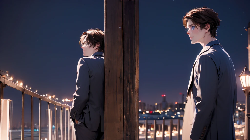 1 Boy, medium light brown hair, light blue eyes, wearing black suit, night city, 18+ , high res, ultrasharp, 8K, masterpiece, looking from behind