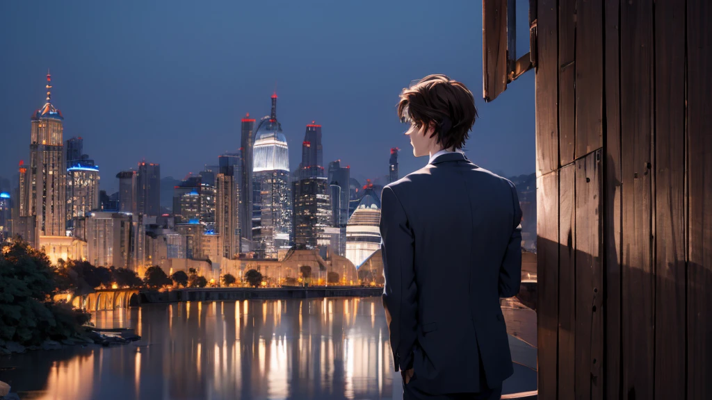 1 Boy, medium light brown hair, light blue eyes, wearing black suit, night city, ??? , high res, ultrasharp, 8K, masterpiece, looking from behind