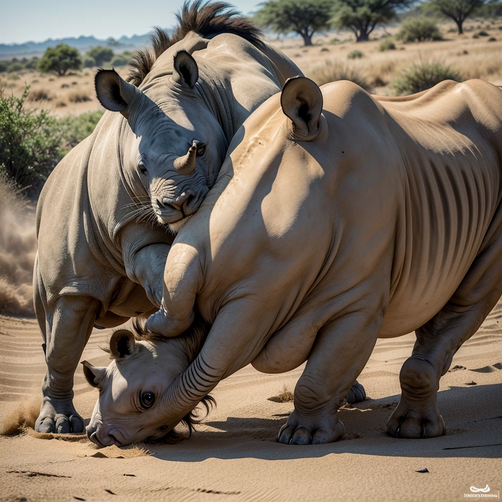 rhino attacking a lion that was mating with the lioness. African savannah setting, action takes place on a light sandy trail. rhino is hitting the lion on the horn. very realism in the image.