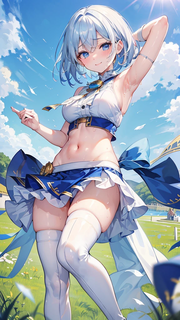 beautiful, masterpiece, Highest quality, anime, One girl, C Cup,Portrait Shot, View your viewers, Intricate details,>,((Covered、Short Hair、nearby、Blue Eyes、art、、White hair,Blue streaked hair、wallpaper、smile、Thigh、Knee-high boots、blue sky、smile、Bright atmosphere、Underskirt、grass、Armpit、Thigh_Sweat、navel、ArmpitSweat、