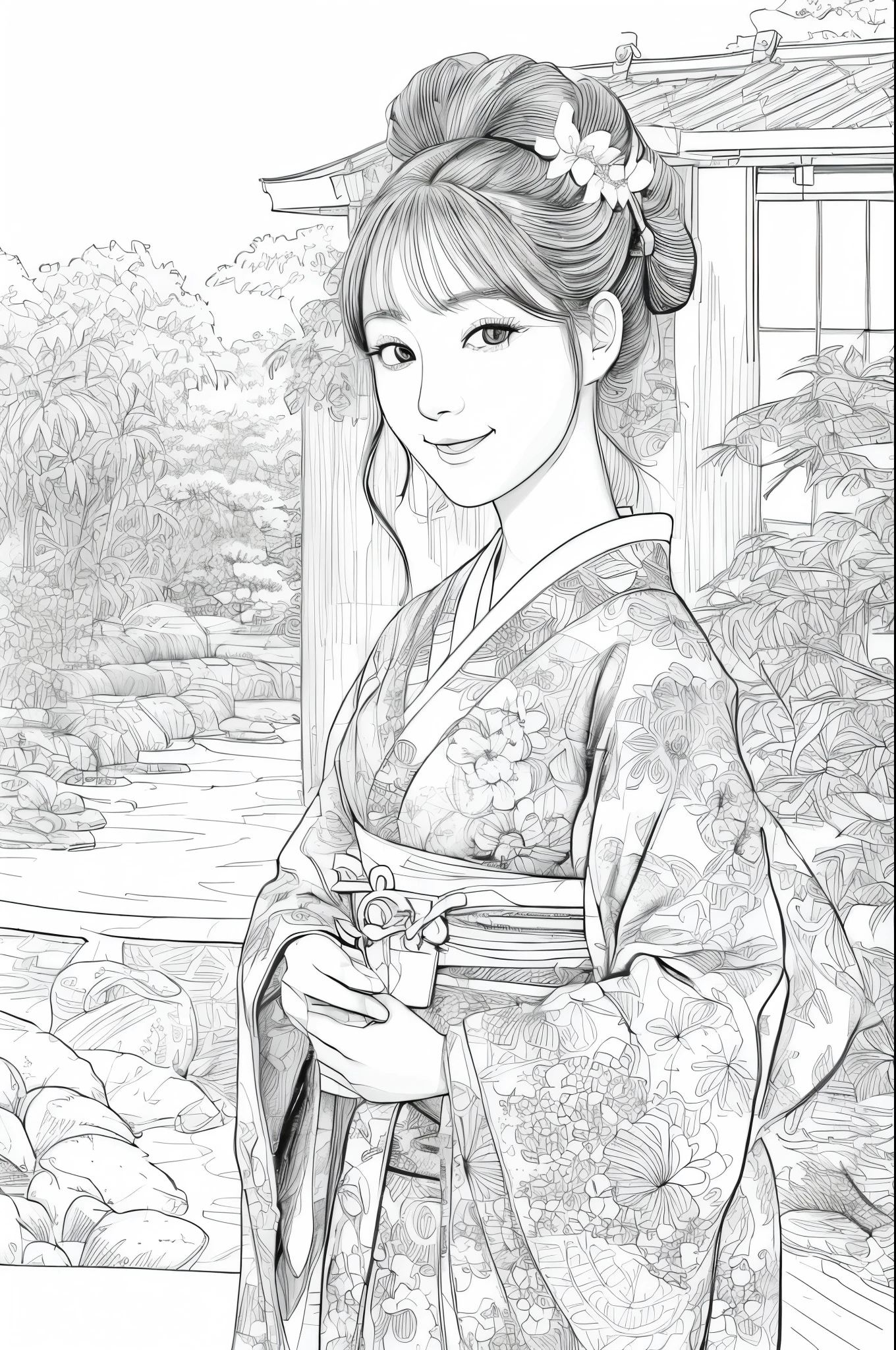 Please create a realistic ukiyo-e illustration of a cute, smiling woman in a kimono that conveys Japanese culture in various poses with (a Japanese garden in the background:1.5), using a simple black and white coloring book that even children can do. The illustration is a illustration with detailed facial features and cartoon-style visuals, (high contrast, sketch, monochrome, clean line drawings for coloring book:1.5)