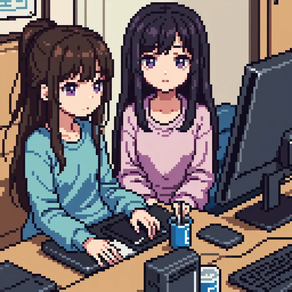 Woman, girl, 20 years old, downtrodden girl, tired girl, confused girl, uncertain posture, long hair, black hair, brown hair. eyes with a transition from blue to purple, dark hair, anime style, 4k image, full body, modern appearance. all the details have been worked out,modern clothes, full-fledged clothes, baggy clothes, cheap clothes, detailed face, lots of details, very detailed, deep, elaborated facial expression, sitting at a computer, in an apartment, Working on a laptop, working at a computer.