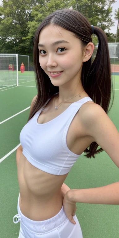 A neat female college student,  people, (spats, Play sports often), Outside the playground, (slim), Realistic, detailed, Skin Texture, ultra detailed, Delicate and sexy collarbone, smile, super detaileded face, detaileded lips, detaileded eyes, small breasts, small, small breasts, small, flat breasts, flat、Sideboob、side、Sweaty、Erect nipples、Crisp pubic area