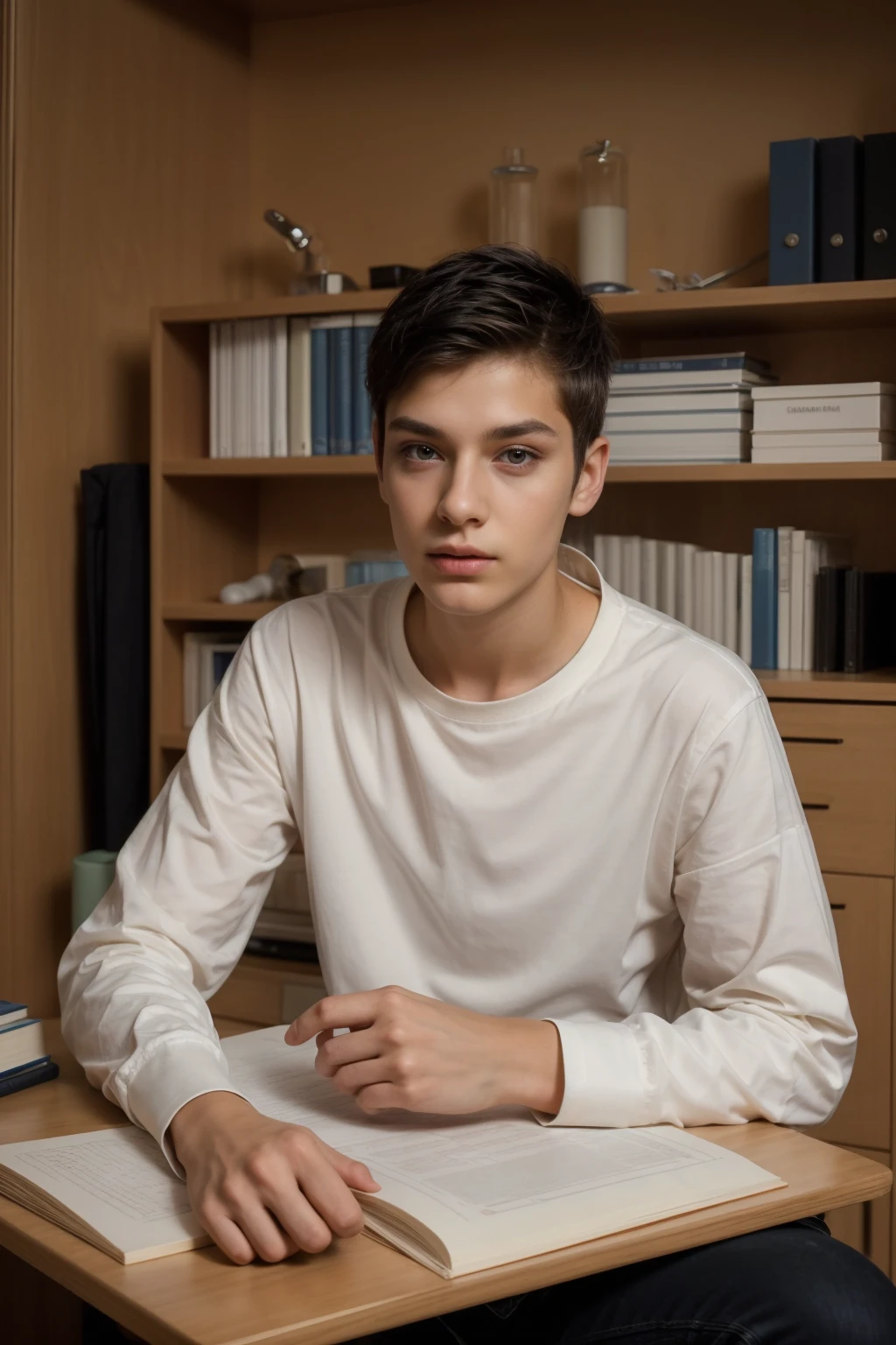 A beautiful young male twink with black hair and a face with makeup. He is wearing a white long-sleeved shirt and black jeans. He is in his huge scientific office. He is sitting studying with concentration and at a desk with a mathematics book on it.