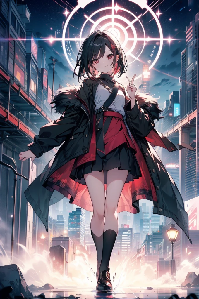 (masterpiece, highest quality, highest quality, (No text), Beautiful and aesthetic:1.2),No text,アニメ、 BREAK,One Girl，Short black hair　Red eyes　Beauty　cool　smile　Black Coat　mini skirt　whole body　Night view
