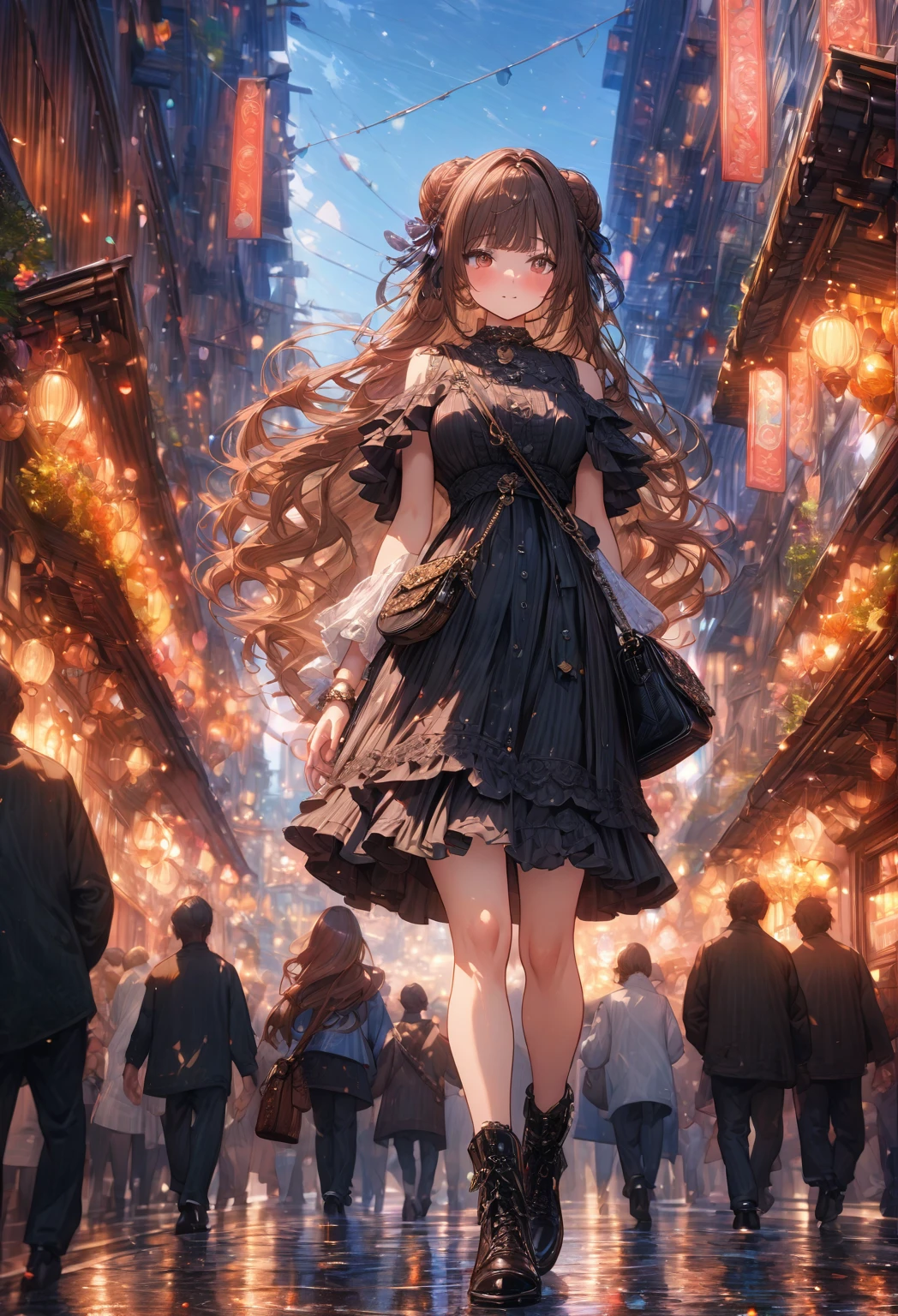((masterpiece:0), best quality, very aesthetic, newest, absurdres, detailed, high quality)
BREAK
highest quality, top quality, details, highres, ultra fine painting, digital art, official art, cinematic, 4k, 8k resolution, 8K CG wallpaper, CG, original artwork, detailed background, colorful background, blue atmosphere, High Dynamic Range, blurry background, blue hour, Starburst effects, crepuscular rays, good ISO, high resolution, wide shot, from far away, RAW photo, POV, sharp focus, light reflection, reflections, intricate details, soft light, particle noise, professional photography, bokeh, depth of field, natural lighting, vibrant colors, looking away, detailed lights and shadows, stylish, ultra-detailed, top rated on Pixiv, trending on Artstation, niji style, modern-days, master crafted, pose
BREAK
solo, 1girl, pale skin, correct fingers, detailed hand, (big breasts:1.2), tight breasts, big thighs, small torso, short body, flushtered, blush, anxious expression, casual, slim, ((cute, childlike face):1.3), nice hips, nice body, brown hair, (very long flowing hair, (big 2 buns hairstyle)), long bangs, long hair, middle hair bangs, brown eyes
BREAK
((undressed:1.3))
BREAK
a person walking down a street with a crowd of people, crowded street, crowded streets, in front of a large crowd, giant crowd, girl walking through city, people walking down a street