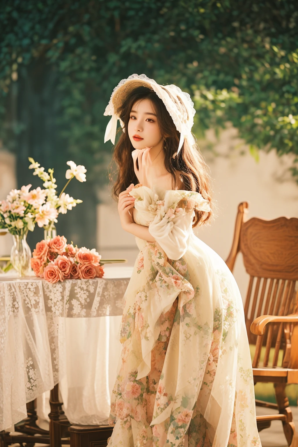 there is a woman in a dress and hat standing in front of a table, romantic dress, ethereal beauty, a stunning young ethereal figure, dreamy style, ethereal and dreamy, flower dress, dreamy and ethereal, floral dream, summer princess, lady with glowing flowers dress, rococo dress, guweiz, ethereal fairytale, lovely languid princess, dressed in a flower dress