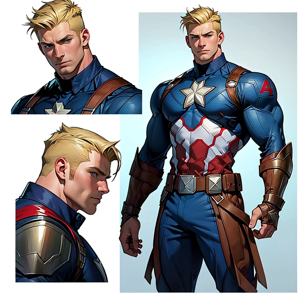 A model sheet of a muscular adult male Captain America, blonde high quiff hairstyle, shaved nape, wearing an uniform, detailed gauntlets, hyper realistic, cinematic lighting, poses, facial expressions.
