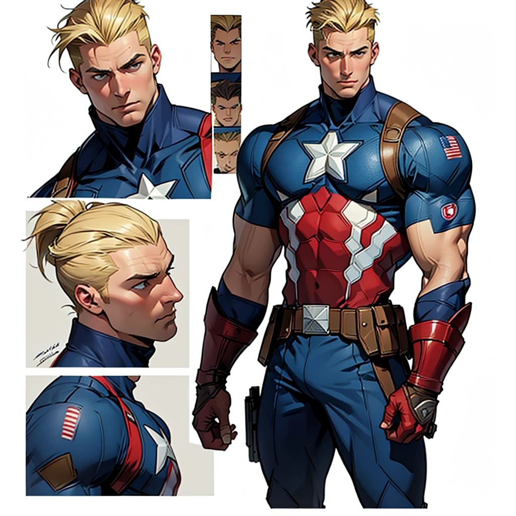 A model sheet of a muscular adult male Captain America, blonde high quiff hairstyle, shaved nape, wearing an uniform, detailed gauntlets, hyper realistic, cinematic lighting, poses, facial expressions.