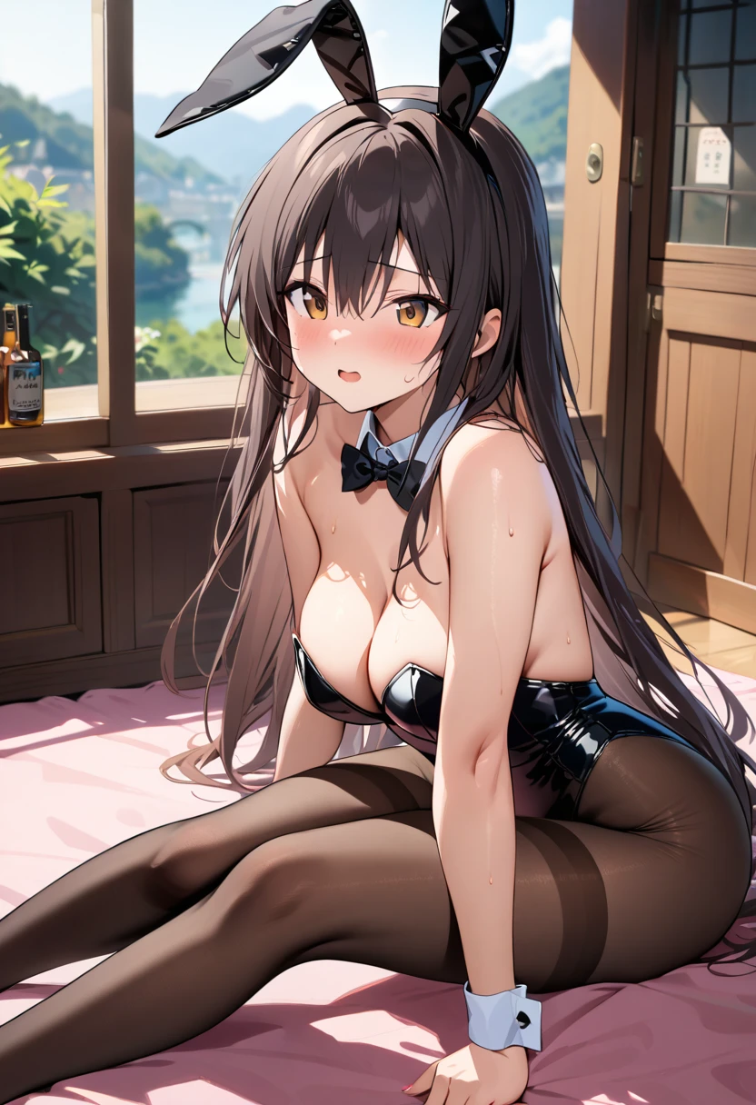 ((masterpiece)), Highest quality, Very detailed,(One Girl), Kotegawa Yui、 Long Hair,Beautiful background ,Completely naked, chest, Bent body,Lie in, Look to the side, Worried face, Female genitals in full view, Drunk look, Hot body、Sweaty、 Browsing Caution、Verbal invitation、In the heat、bow, animal ears, cleavage, bare shoulders, pantyhose, bowtie, black footwear, rabbit ears, high heels, leotard, black pantyhose, strapless, black bow, detached collar, fake animal ears, playboy bunny, black leotard, strapless leotard, thighband pantyhose, black bowtie,