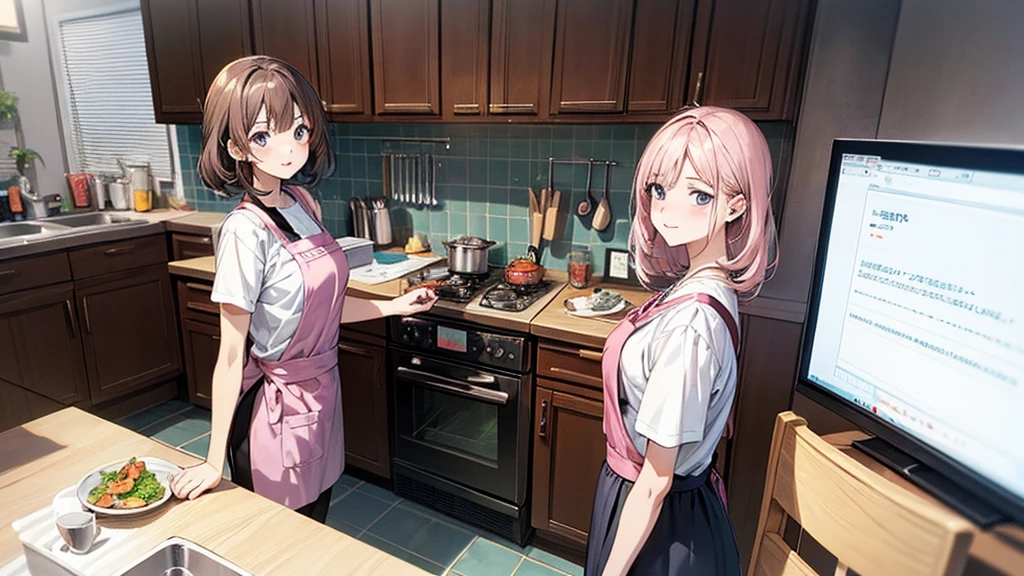 kitchenで料理をしているアニメの女の子, 昼間のkitchen, Anime Style 4k, Girl in pink apron, kitchen, anime art wallpaper 4k, anime art wallpaper 4k, Anime Art Wallpapers 8K, LOFI Girl, 昼間のkitchen, She is wearing a white T-shirt under her pink apron., Summer concept art, Digital anime illustration, Anime atmosphere, 4k anime wallpaper