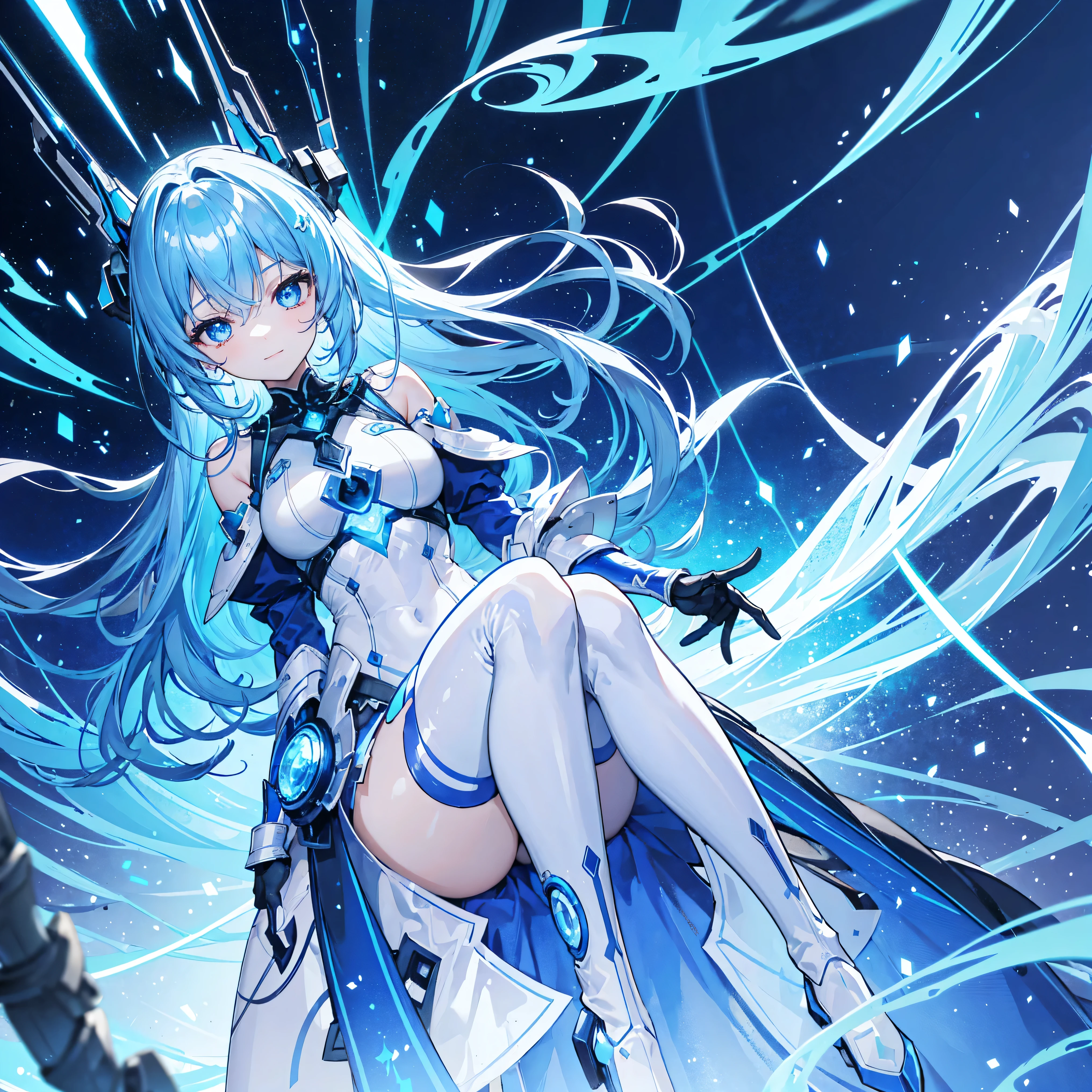 8k, highest quality, (real:1.4), Original photo, 1 girl, Asari Hair, Biological Amplifier, refined armor, posture: Peace talks between warring factions, smart blue eyes,A modest smile、Knee-high boots、Blue big moon and blue light swirl in the background、Blue light from behind、blue light magic