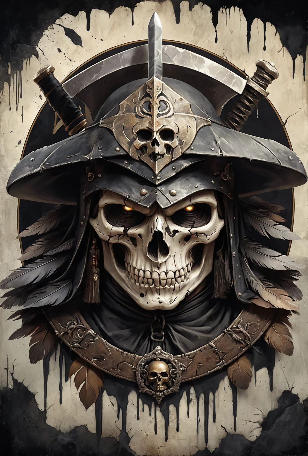 (best quality,4k,8k,highres,masterpiece:1.2),ultra-detailed,(realistic,photorealistic,photo-realistic:1.37),oil painting,colorful,brush strokes,dramatic lighting,horror,skull man warrior,aged paper,aesthetic,dripping ink,gritty texture,dark and moody atmosphere,detailed facial features,expressionless face,intense gaze,weathered armor,worn out sword,ancient runes,crow feathers,ominous background,grim reaper vibes,haunting,creepy,macabre,vintage style,monochrome with sepia tones,contrast,depth,texture,old world charm,subtle decay,aged elegance,cracked paint,weathered detailspeated paint,cracked stone texture,long shadows,dusty appearance,creased edges,sculptural quality