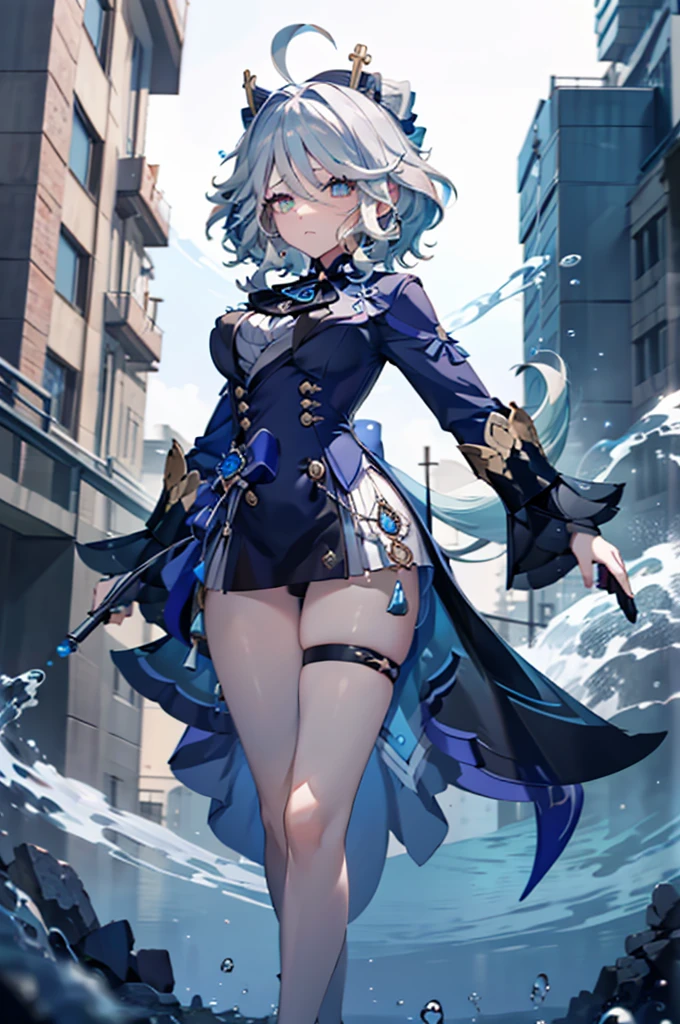 (full body),masterpiece, The best quality at its best, One huge breasted girl, Follina, Genshin Impact, Gray Hair, Blue Hair, Cute big breasts, Tear organ pupil, sad, Clit,  Underwater, Air bubbles, big, Fall into oblivion, Abandoned city，Cowboy Shot，Kung Fu Pose，