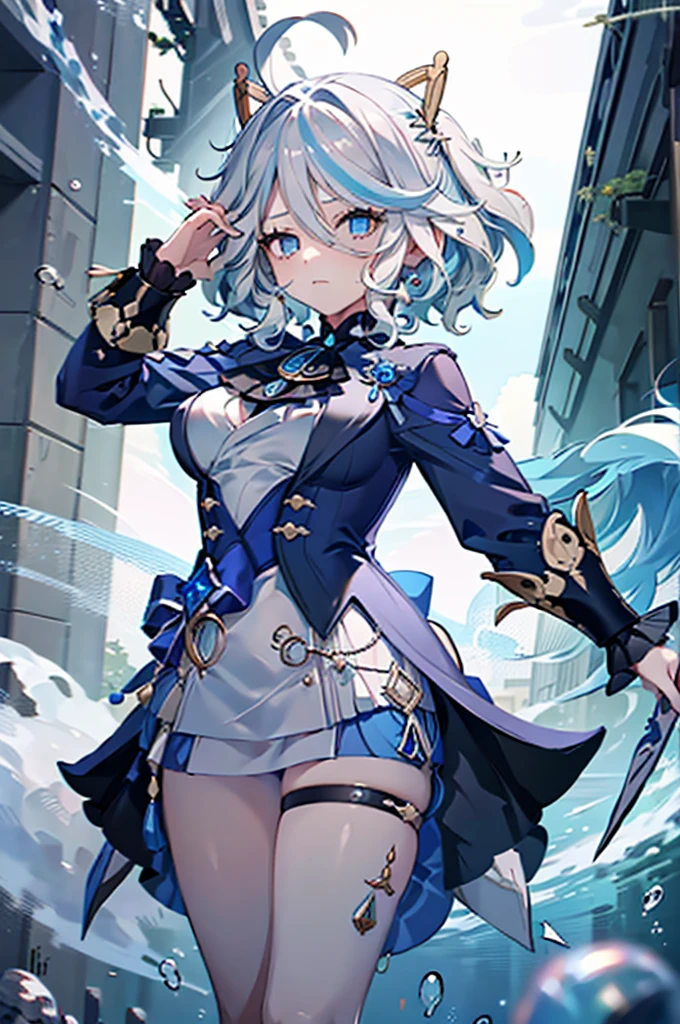 (full body),masterpiece, The best quality at its best, One huge breasted girl, Follina, Genshin Impact, Gray Hair, Blue Hair, Cute big breasts, Tear organ pupil, sad, Clit,  Underwater, Air bubbles, big, Fall into oblivion, Abandoned city，Cowboy Shot，Kung Fu Pose，