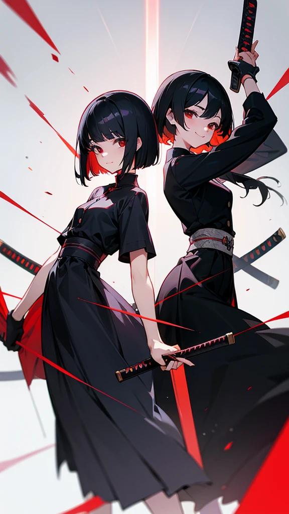 Masterpiece, two women, sixpack, katana, black hair, smile, cute, dress, long hair, short hair, black eyes and red eyes