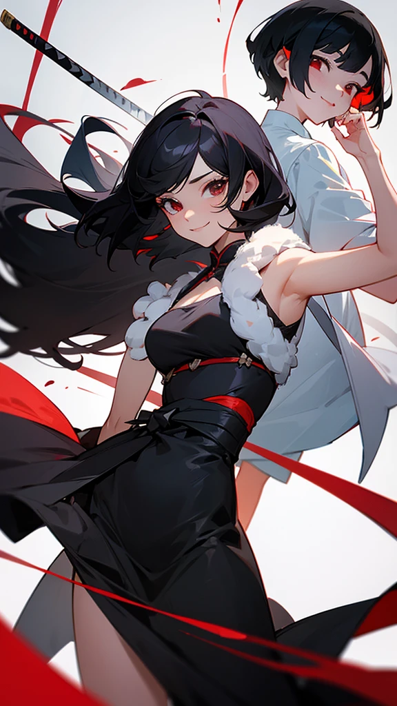 Masterpiece, two women, sixpack, katana, black hair, smile, cute, dress, long hair, short hair, black eyes and red eyes