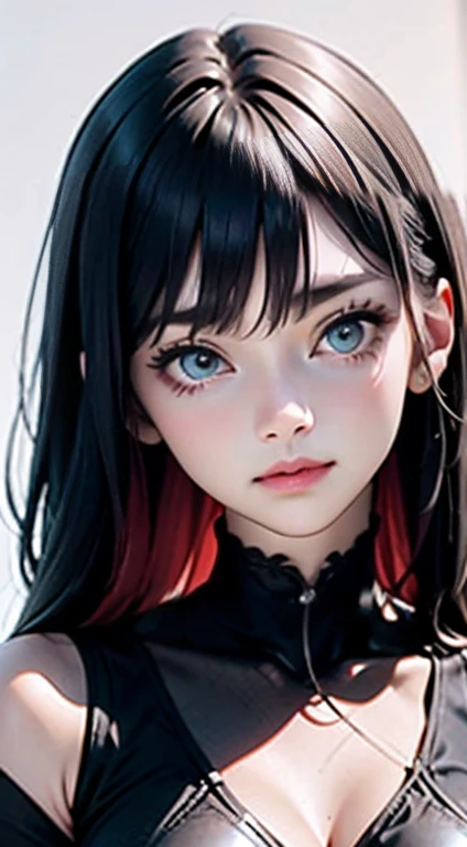 (best qualityer,4K,high resolution), 18 years old woman, Red Mesh Hair on Black Hair, Long and straight shiny hair, innocence,sharp eye、Eyes red、small-nose、eyeliner、 disheveled、Luxury black silk babydoll、 face、Place your index finger on your head、BNG、Comic appearance,comic strip,and souls,Illustrates??the deformed cute、Delicately expresses realistic skin texture、Reproduction of muscle texture、White and red contrasting background