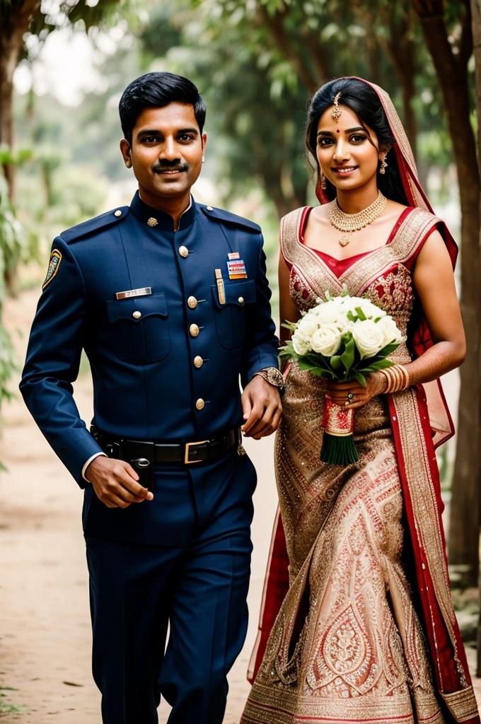 Indian teacher wearing name tag and holding book and rattan in hand as bride with a handsome police groom