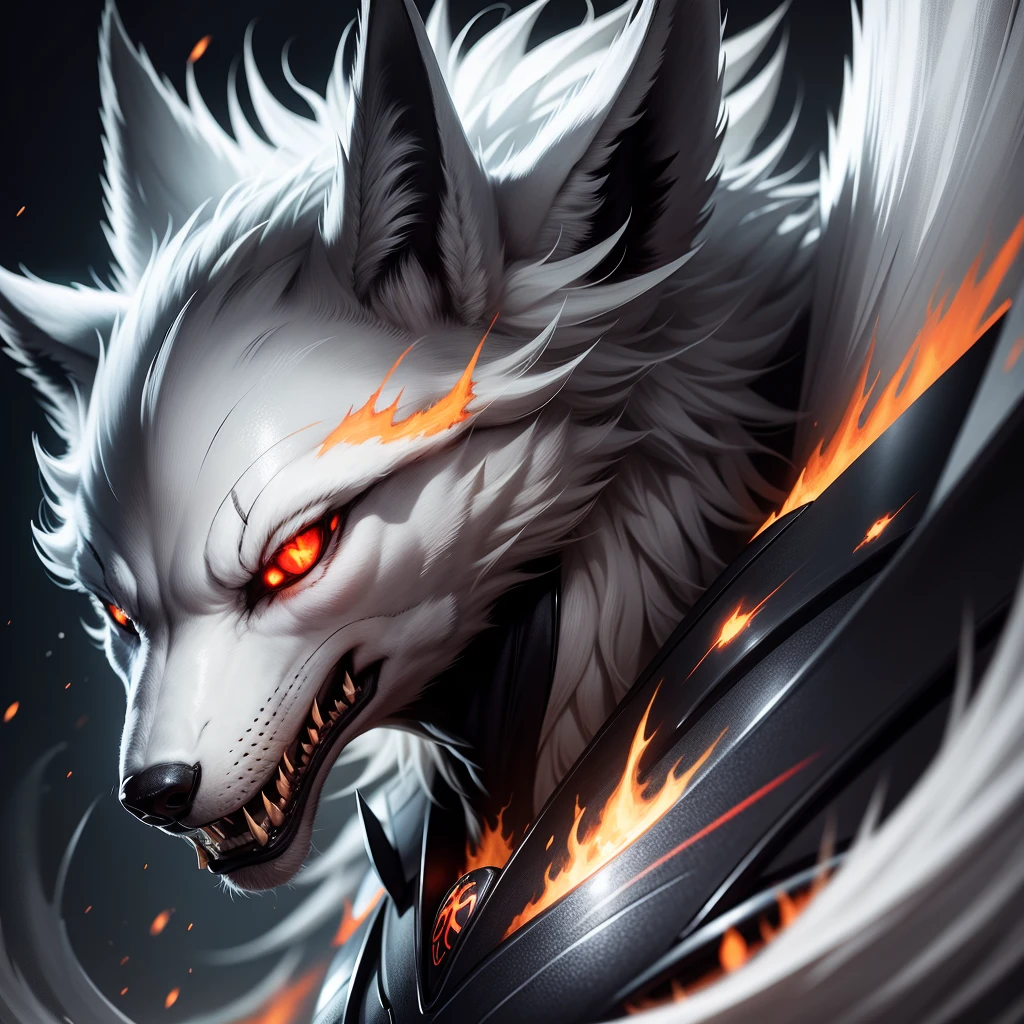 "Silver white wolf with burning red eyes, fierce expression, sleek fur, realistic texture, sharp features, glowing eyes, digital art, logo design, high detail, dramatic lighting"