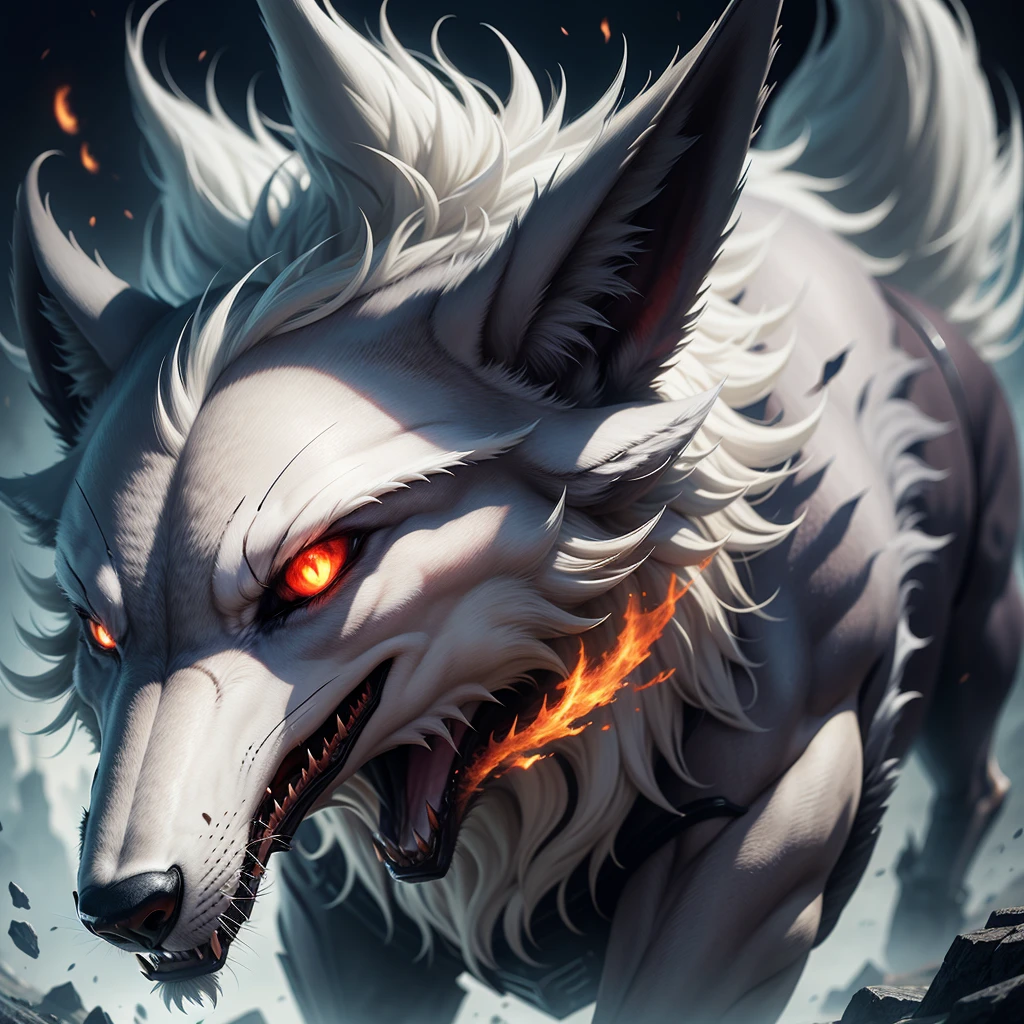 "Silver white wolf with burning red eyes, fierce expression, sleek fur, realistic texture, sharp features, glowing eyes, digital art, logo design, high detail, dramatic lighting"