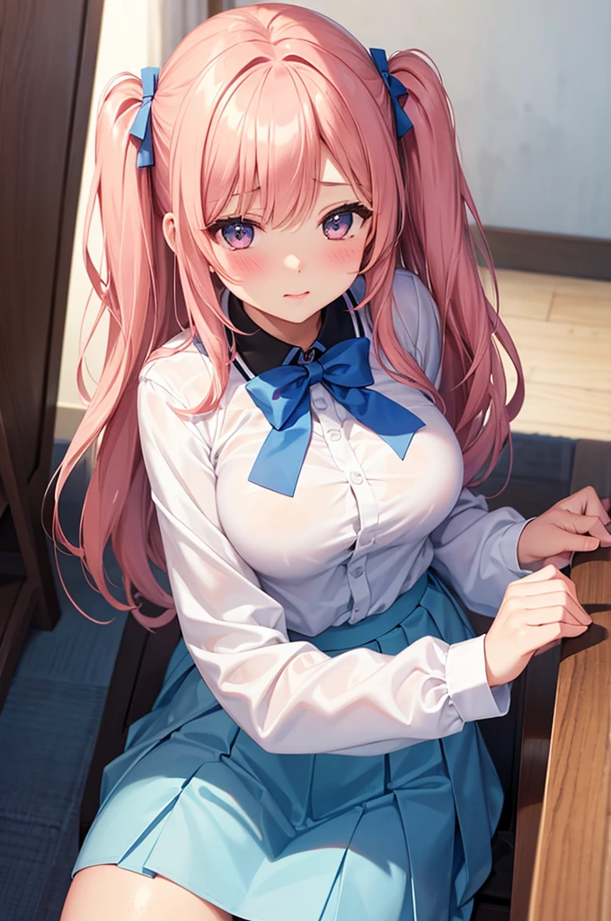From above, (Squint your eyes:1.2), close, One Girl, blush, sit, nsfw,beautiful girl,Wear a uniform, Light blue skirt, Anime move,Two Side Up、(Gloss Lip)、Thick lips