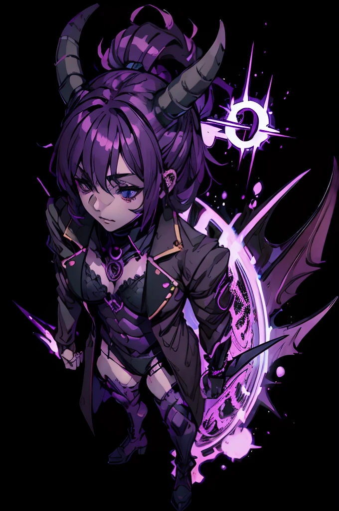 big boobies, demon woman, Purple-skinned demon wearing a shiny black suit, 2 oni horns, 4 eyes, fully body