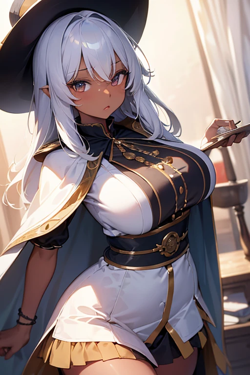 (masterpiece:1.2),Detailed explanation, Awards, high quality, High resolution, HD, 4K,8K,high quality,(professional illustration:1.1),(Chewy breasts,tender breasts:1.3),large breasts,close up face,Thighs focus,(dark skin:1.2),white hair,(****:1.2),(cape,poncho:1.2 ),Fuzz hair,Flowing hair,military uniform,(blouse:1.3),sorcerer,Alchemist,fortune teller,huge hat,(hide your eyes with a hat),underbust,intricate details,elaborate clothing,long paleo