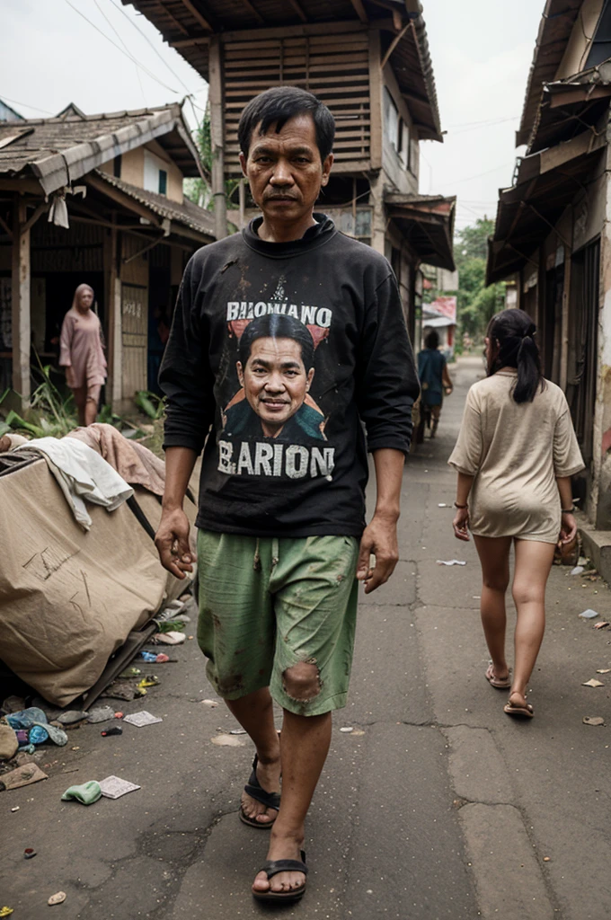 Caricature 4D, Indonesian people, walking in a shabby and dirty village, wearing ugly and rotten clothes, holding lots of banknotes, and set in bitcoin