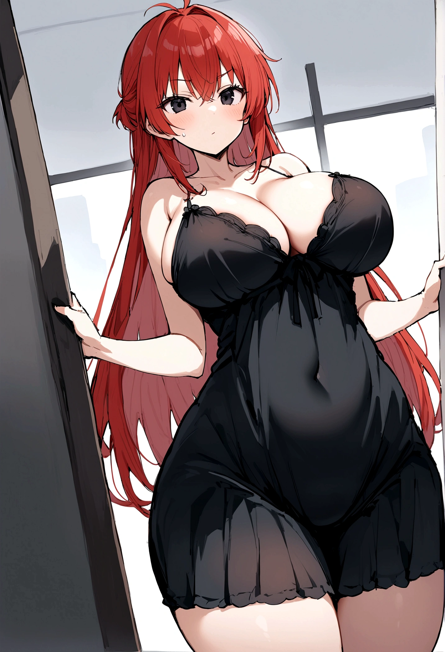 My name is Hikaru, I am a white test woman with long red hair and black eyes. I am 1.60 cm tall and weigh 46 kg. My breast sizes are 300 cm, my waist is 60 cm and my hips are 200 cm. Dressed in a short, tight black nightgown