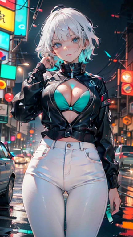 cute albino girl,(((1 girl))),((albino girl with extremely cute and beautiful White hair)),
(breasts small:1.4),(((White hair:1.35,colored inner hair,ear breathing,small White hair,tomboy haircut))),(((neon_aqua_eyeballs:1.3))),intricate eyeballs,beautiful detailed eyeballs,symmetrical eyeballs,((fatter)),(((pale skin,shining skin:1.5,shining skin: 1.5,shining skin,very shining skin,shinny body,plastic glitter skin,exaggerated shining skin,brightened skin,wet legs))),(spider lower abdomen,narrow waisted,wide hip,athletic body,inflated legs,body detailed,(face detailed)),
cute,slutty,seducer,Erotic,(((nsfw))),
(((wearing white formal blazer,White pants,))),(((huge cleavage))),((wetclothes,complex outfit,complex clothing)),
(dynamic pose:1.0),focus only,embarrased,(centred,scale to fit dimensions,rule of thirds),
cyberpunk city by the sea at night, with bright neon signs and dark stormy clouds and puddles, scenario:1.25,
artistic photography,(photograph taken by sldr),high resolution, sharp focus, (ultra detaild, extremely detaild), (photorealistic art:1.37),(extremely detaild CG unity 8k wallpaper),((tema de fundo synthwave)),(((swirly vibrant colors))),(intricate background),(work of art),(best qualityer)