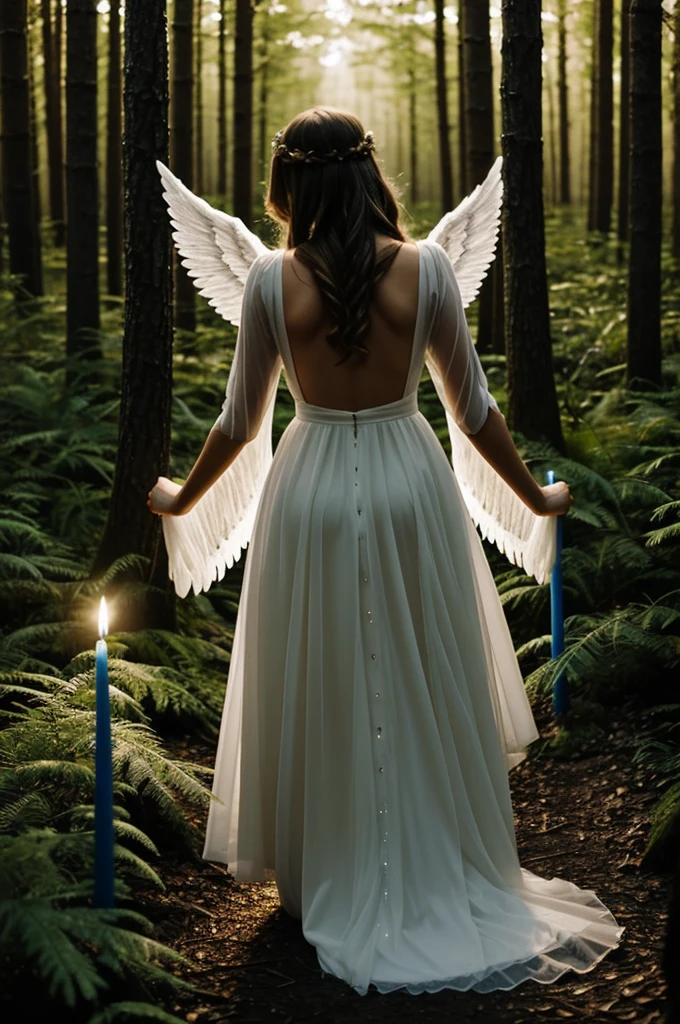Create u A female angel with her back turned in a forest at night with candles around