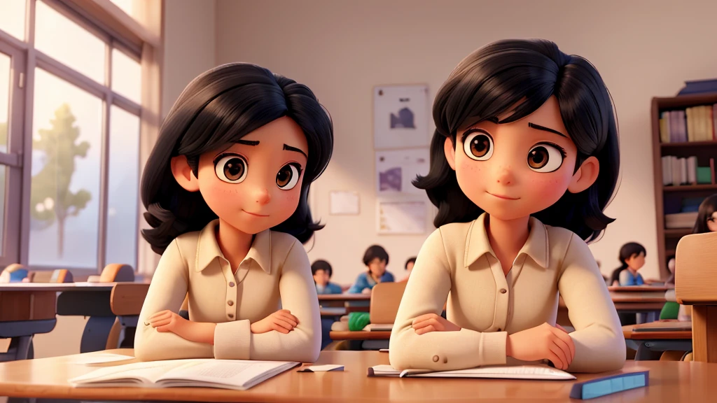 a girl studying in a classroom, black hair, full body, reading a book, warm lighting, photorealistic, 8k, high quality, intricate detail, portrait, realistic, elegant, serene, peaceful, soft colors, natural lighting