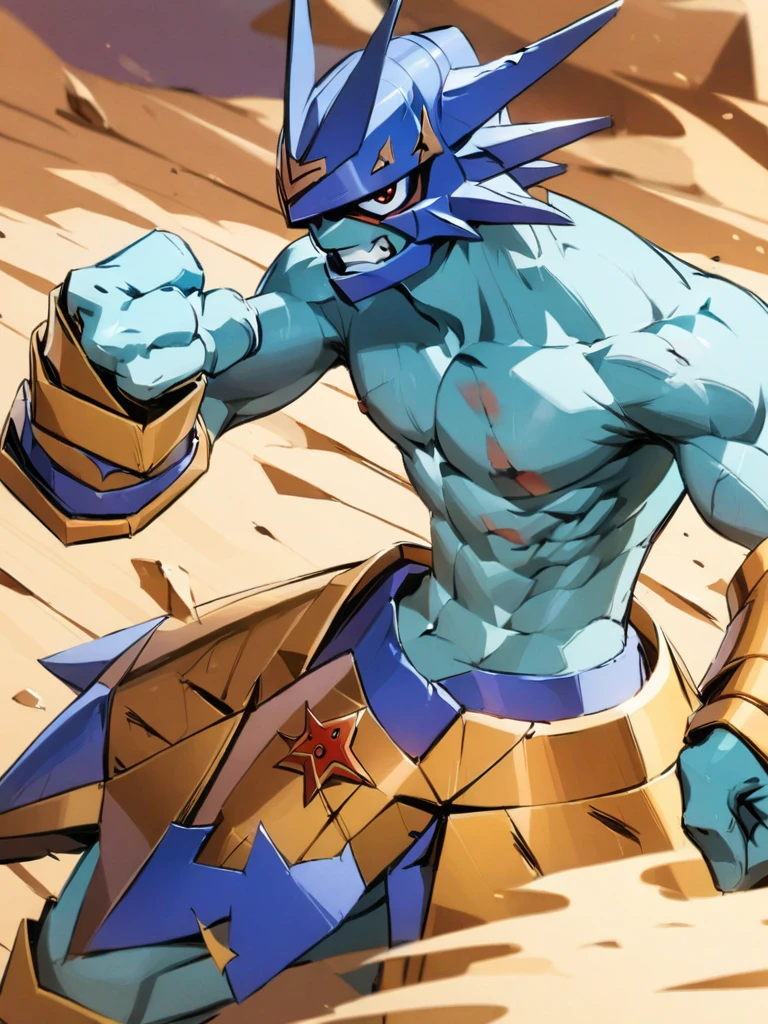 solo,angry ,Magnamon,tall,（musclar：1.5）,blue and white skin,(battle damaged:1.5),(topless Magnamon:2),(armor fragments:1.5),(shirtless:1.5), fighting_stance, in desert ,full_shot
