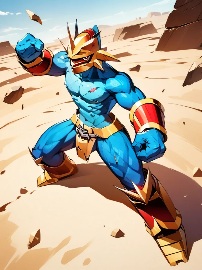 solo,angry ,Magnamon,tall,（musclar：1.5）,blue and white skin,(battle damaged:1.5),(topless Magnamon:2),(armor fragments:1.5),(shirtless:1.5), fighting_stance, in desert ,full_shot
