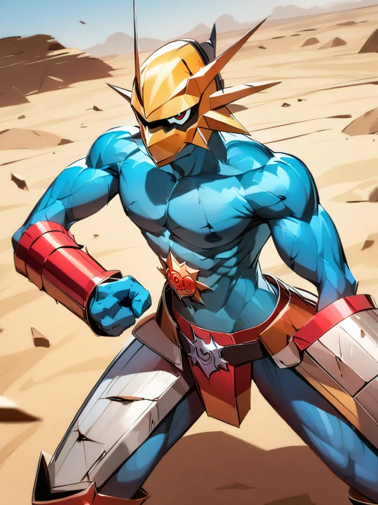 solo,angry ,Magnamon,tall,（musclar：1.5）,blue and white skin,(battle damaged:1.5),(topless Magnamon:2),(armor fragments:1.5),(shirtless:1.5), fighting_stance, in desert ,full_shot
