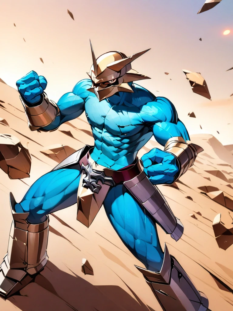 male robot humanoid, male, blue skin, shirtless, (bare chest:1.5), pecs, abs, navel, pants, necklace, (helmet:1.7), cropped jacket, hooded, majestic scenery