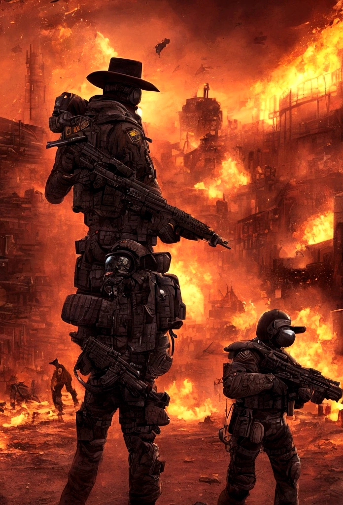 STAR15Mod, (masterpiece), (best quality), (ultra-detailed), (best illustration),(best shadow), looking at viewer, cowboy shot, fiery destroyed city background, tactical gear, tactical pouches, (gas mask:0.8), tactical armor, assault rifle, holstered handgun, (frown:1.3)