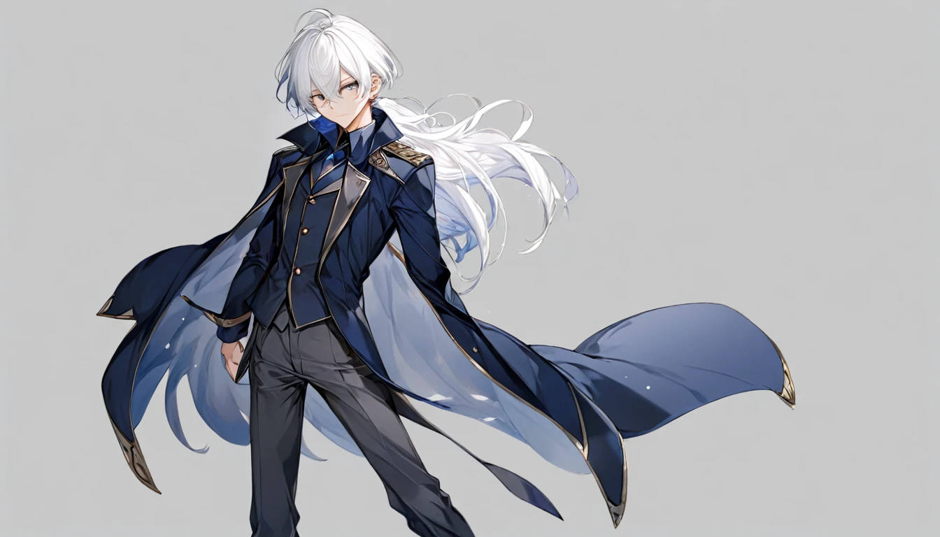 Male, anime, hero, dark blue coat, white hair,standing pose, no background , high quality, dark grey pants, high quality face,