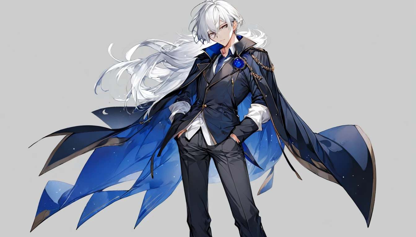 Male, anime, hero, dark blue coat, white hair,standing pose, no background , high quality, dark grey pants, high quality face,