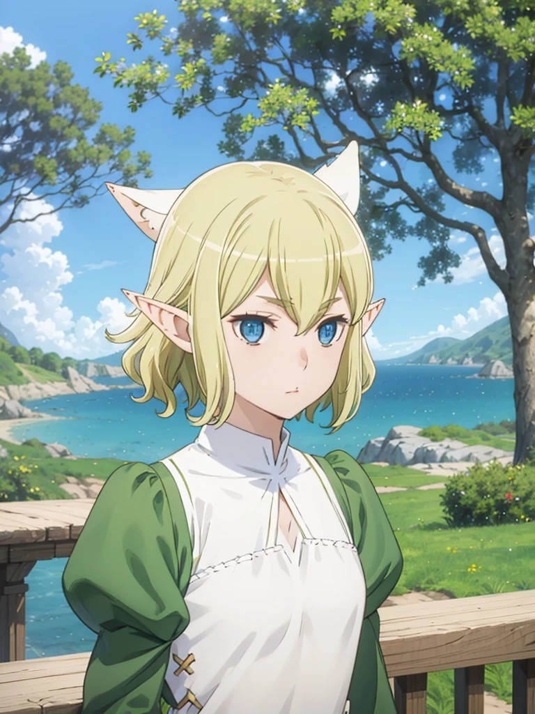 This_Ryu, pointed ears, on open air, Blue eyes, 1 girl, One, blonde hair, tree, sky, day, Looking at the viewer, short hair, cloud, blue sky, upper body, elf, long sleeves, hair between eyes
 