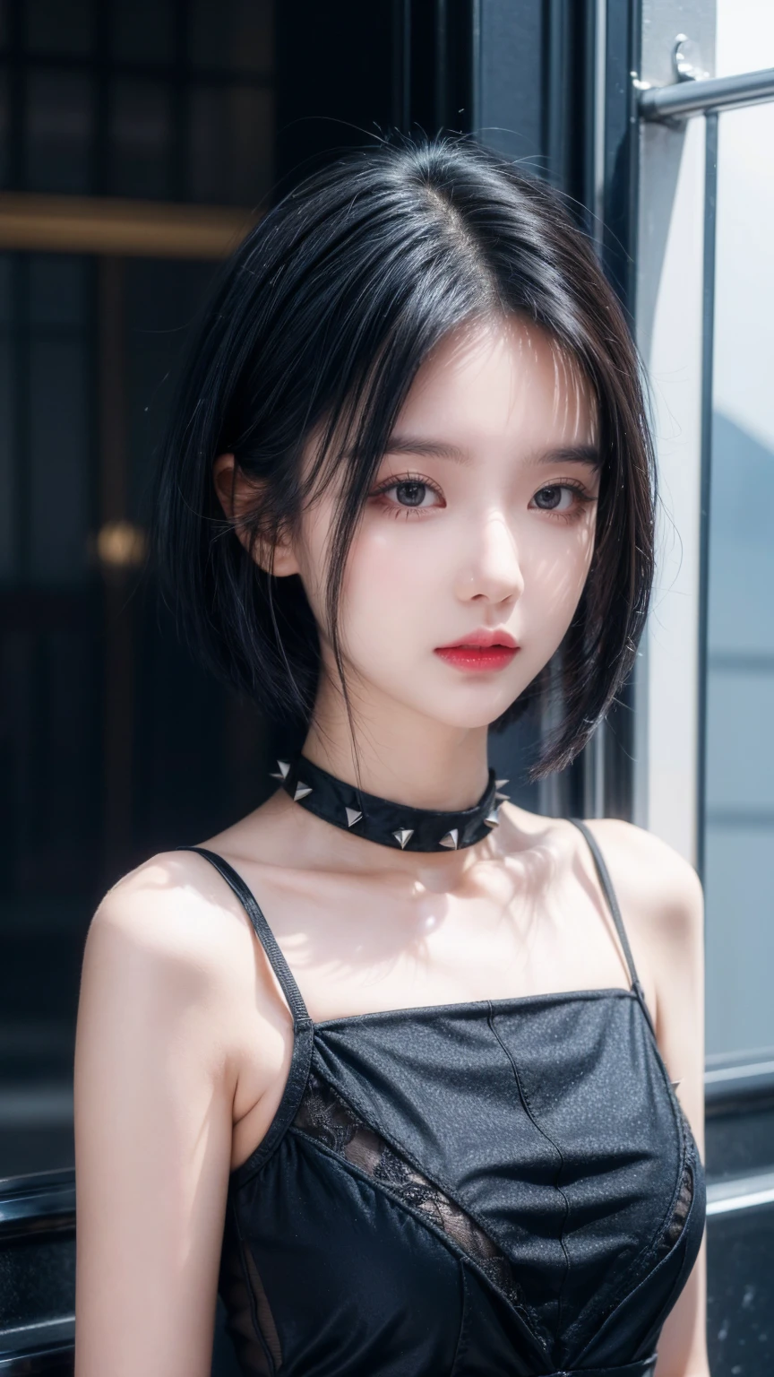 best quality, 1 Girl, dark blue hair, black eyes, Very short hair, Spiky hair, wears sweet dress luxury,A cropped dress, 171 cm, Messy hair, Hair between the eyes, Tomboy, aldult, 20 years old, A sweet girl by the mountain